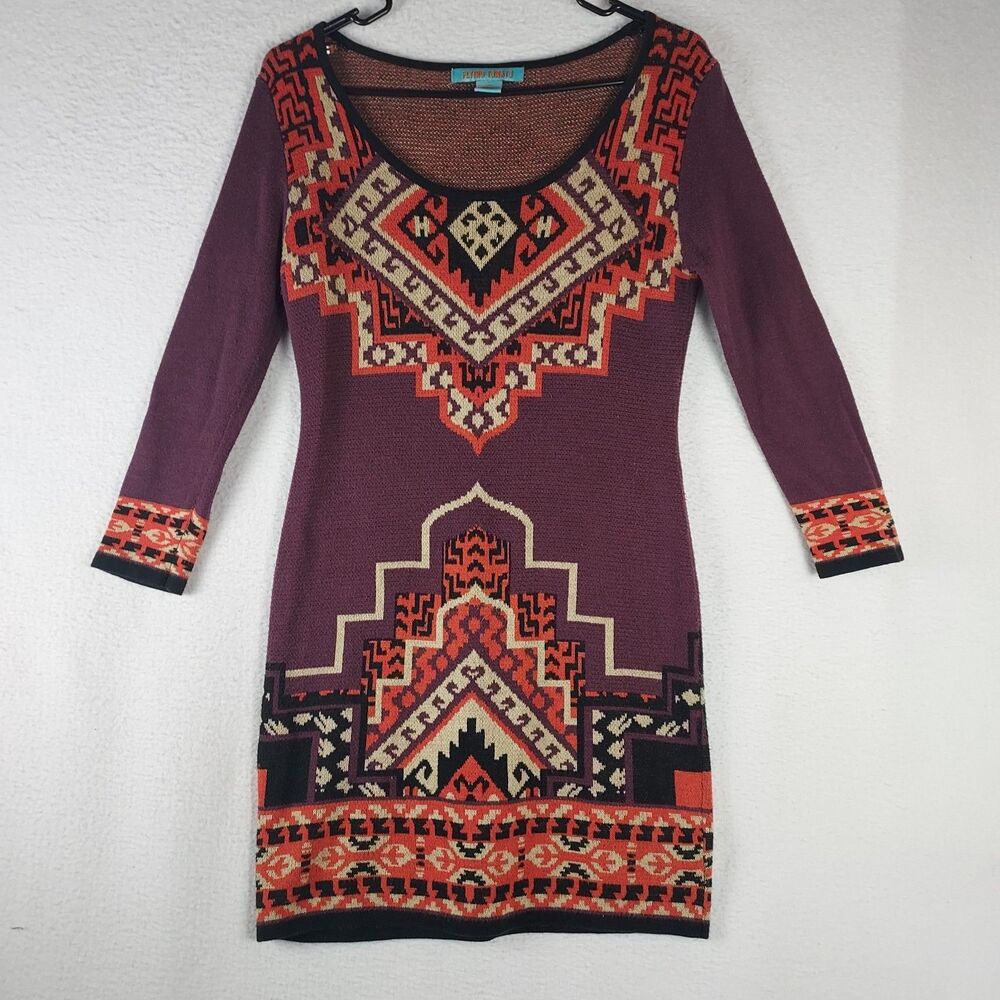 Flying Tomato Aztec Boho Bodycon Knit Dress Womens Small Purple Red Orange